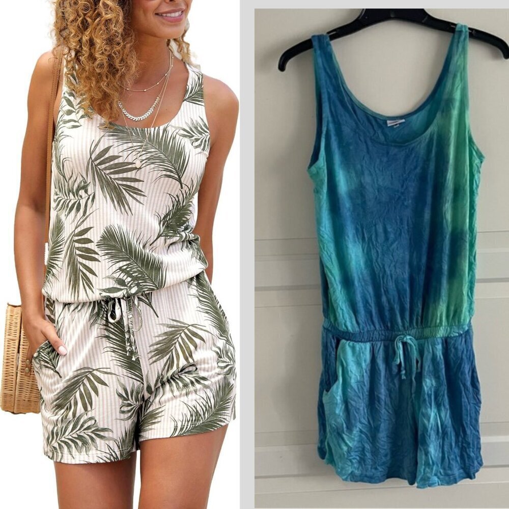 New! Lascana Blue Green Sleeveless Tie Dye Drawstring Shorts Romper 22904